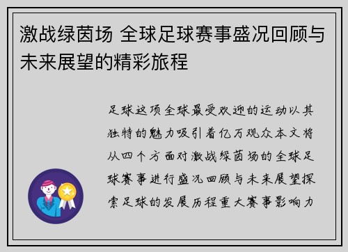 激战绿茵场 全球足球赛事盛况回顾与未来展望的精彩旅程